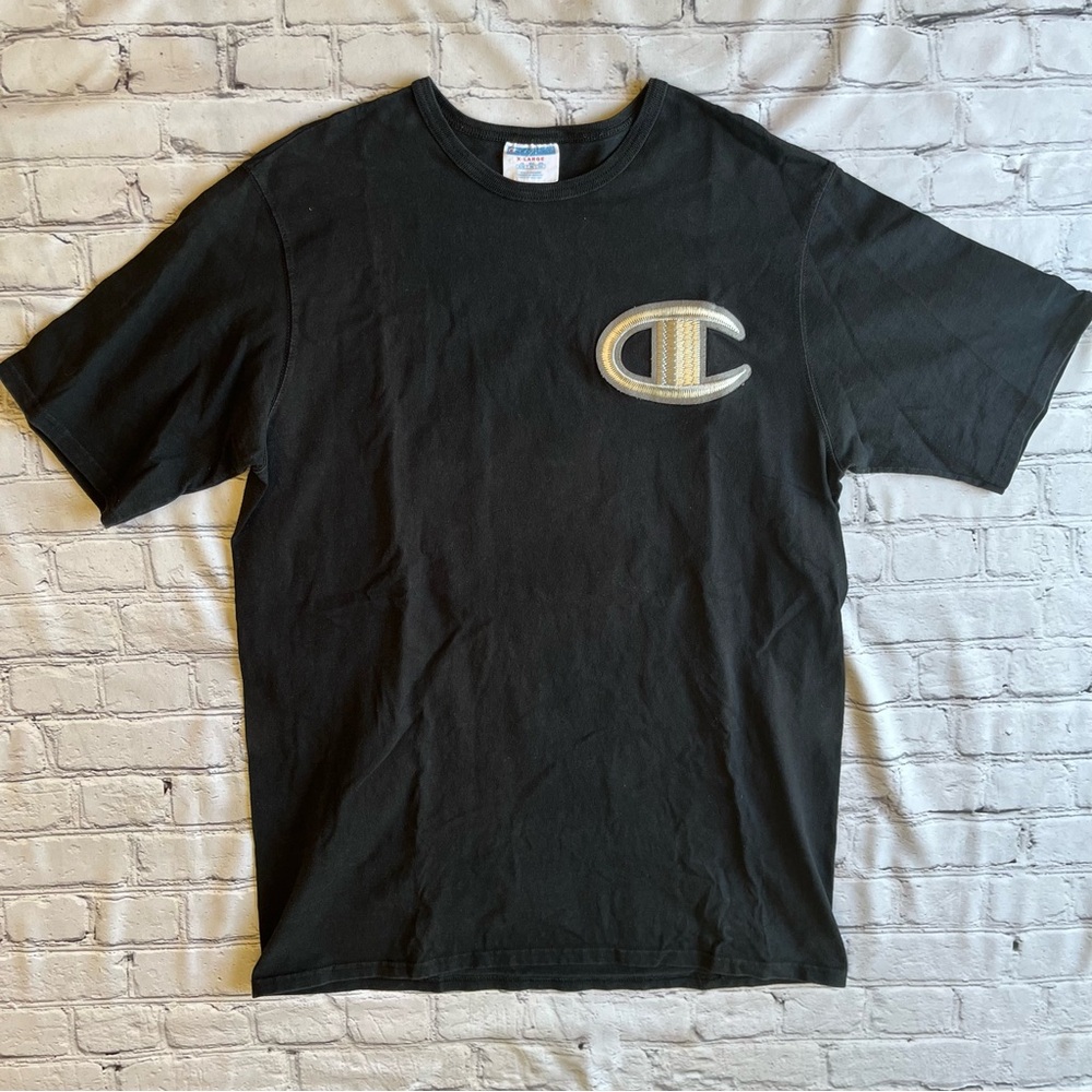 VINTAGE Champion T Shirt Logo Blue Bar Tag Black Size XL Short Sleeve 80s 90s